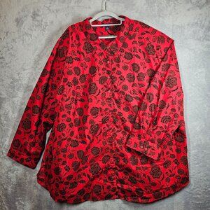 Roamans Floral Button Shirt Womens Plus Size 36W Red Black career office church